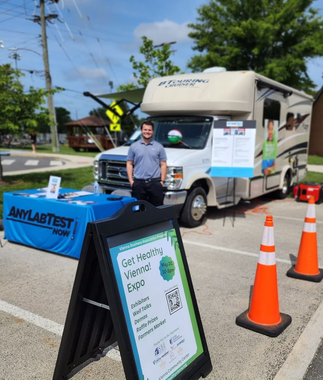 A mobile health unit parked outside the community center